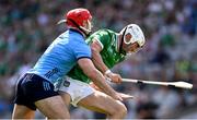 21 June 2025; Aaron Gillane of Limerick in action against Paddy Smyth of Dublin during the GAA Hurling All-Ireland Senior Championship quarter-final match between Dublin and Limerick at Croke Park in Dublin. Photo by Ramsey Cardy/Sportsfile