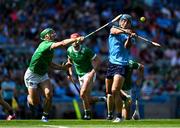 21 June 2025; Riain McBride of Dublin in action against Sean Finn of Limerick during the GAA Hurling All-Ireland Senior Championship quarter-final match between Dublin and Limerick at Croke Park in Dublin. Photo by Daire Brennan/Sportsfile