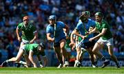 21 June 2025; Riain McBride of Dublin in action against William O'Donoghue of Limerick during the GAA Hurling All-Ireland Senior Championship quarter-final match between Dublin and Limerick at Croke Park in Dublin. Photo by Daire Brennan/Sportsfile