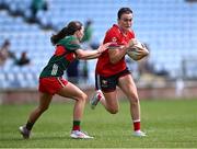 21 June 2025; Hannah Looney of Cork in action against Ciara Durkin of Mayo during the TG4 All-Ireland Ladies Football Senior Championship Group 2 match between Mayo and Cork at Hastings Insurance MacHale Park in Castlebar, Mayo. Photo by Piaras Ó Mídheach/Sportsfile