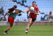 21 June 2025; Hannah Looney of Cork in action against Ciara Durkin of Mayo during the TG4 All-Ireland Ladies Football Senior Championship Group 2 match between Mayo and Cork at Hastings Insurance MacHale Park in Castlebar, Mayo. Photo by Piaras Ó Mídheach/Sportsfile