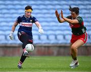 21 June 2025; Cork goalkeeper Sarah Murphy in action against Clodagh Keane of Mayo during the TG4 All-Ireland Ladies Football Senior Championship Group 2 match between Mayo and Cork at Hastings Insurance MacHale Park in Castlebar, Mayo. Photo by Piaras Ó Mídheach/Sportsfile