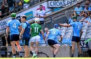 21 June 2025; Chris Crummey of Dublin, 6, remonstrates after being shown a red card during the GAA Hurling All-Ireland Senior Championship quarter-final match between Dublin and Limerick at Croke Park in Dublin. Photo by Ramsey Cardy/Sportsfile