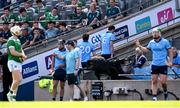 21 June 2025; Chris Crummey of Dublin, 6, leaves the pitch after being shown a red card during the GAA Hurling All-Ireland Senior Championship quarter-final match between Dublin and Limerick at Croke Park in Dublin. Photo by Ramsey Cardy/Sportsfile