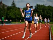 21 June 2025; Ciara Rohan of Waterpark College, representing Munster, celebrates winning the girls 1500m during the 123.ie Irish Schools Athletics Association Tailteann Games at SETU Campus in Carlow. Photo by Sam Barnes/Sportsfile