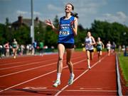 21 June 2025; Ciara Rohan of Waterpark College, representing Munster, celebrates winning the girls 1500m during the 123.ie Irish Schools Athletics Association Tailteann Games at SETU Campus in Carlow. Photo by Sam Barnes/Sportsfile