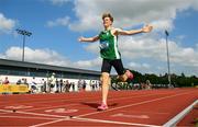 21 June 2025; Charlie O'Neill of Belvedere College, representing Leinster, celebrates winning the boys 1500m during the 123.ie Irish Schools Athletics Association Tailteann Games at SETU Campus in Carlow. Photo by Sam Barnes/Sportsfile