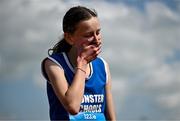 21 June 2025; Ciara Rohan of Waterpark College, representing Munster, celebrates winning the girls 1500m during the 123.ie Irish Schools Athletics Association Tailteann Games at SETU Campus in Carlow. Photo by Sam Barnes/Sportsfile