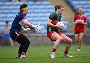 21 June 2025; Sinéad Walsh of Mayo in action against Cork goalkeeper Sarah Murphy during the TG4 All-Ireland Ladies Football Senior Championship Group 2 match between Mayo and Cork at Hastings Insurance MacHale Park in Castlebar, Mayo. Photo by Piaras Ó Mídheach/Sportsfile