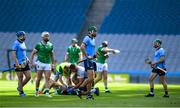 21 June 2025; Chris Crummey of Dublin, centre, after being shown a red card during the GAA Hurling All-Ireland Senior Championship quarter-final match between Dublin and Limerick at Croke Park in Dublin. Photo by John Sheridan/Sportsfile