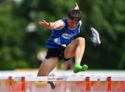 21 June 2025; Eddie Raicevic of St Augustine's, representing Munster, loses his spike whilst competing in the boys 100m hurdles during the 123.ie Irish Schools Athletics Association Tailteann Games at SETU Campus in Carlow. Photo by Sam Barnes/Sportsfile