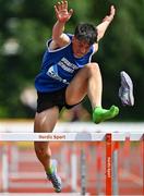 21 June 2025; Eddie Raicevic of St Augustine's, representing Munster, loses his spike whilst competing in the boys 100m hurdles during the 123.ie Irish Schools Athletics Association Tailteann Games at SETU Campus in Carlow. Photo by Sam Barnes/Sportsfile