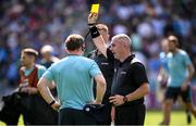 21 June 2025; Dublin manager Niall Ó Ceallacháin is shown a yellow card by referee Liam Gordon at half-time of the GAA Hurling All-Ireland Senior Championship quarter-final match between Dublin and Limerick at Croke Park in Dublin. Photo by Ramsey Cardy/Sportsfile