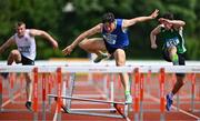 21 June 2025; Eddie Raicevic of St Augustine's, representing Munster, centre, falls whilst competing in the boys 100m hurdles alongsideAaron  Whelan of St Peter's Dunboyne, representing Leinster, right, during the 123.ie Irish Schools Athletics Association Tailteann Games at SETU Campus in Carlow. Photo by Sam Barnes/Sportsfile
