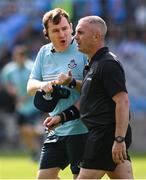 21 June 2025; Dublin manager Niall Ó Ceallacháin in conversation with referee Liam Gordon at half-time of the GAA Hurling All-Ireland Senior Championship quarter-final match between Dublin and Limerick at Croke Park in Dublin. Photo by Ramsey Cardy/Sportsfile