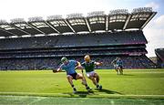 21 June 2025; Conor McHugh of Dublin in action against Tom Morrissey of Limerick during the GAA Hurling All-Ireland Senior Championship quarter-final match between Dublin and Limerick at Croke Park in Dublin. Photo by Ramsey Cardy/Sportsfile