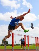 21 June 2025; Eddie Raicevic of St Augustine's, representing Munster, loses his spike whilst competing in the boys 100m hurdles during the 123.ie Irish Schools Athletics Association Tailteann Games at SETU Campus in Carlow. Photo by Sam Barnes/Sportsfile