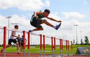 21 June 2025; Aaron Whelan of St Peter's Dunboyne, representing Leinster, competing in the boys 100m hurdles during the 123.ie Irish Schools Athletics Association Tailteann Games at SETU Campus in Carlow. Photo by Sam Barnes/Sportsfile
