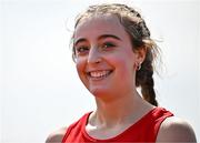 21 June 2025; Rachel Treacy of High Cross College Tuam, representing Connacht, after winning the girls 80m hurdles during the 123.ie Irish Schools Athletics Association Tailteann Games at SETU Campus in Carlow. Photo by Sam Barnes/Sportsfile