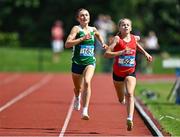 21 June 2025; Freya Renton of SH Westport, representing Connacht, right, on her way to winning the girls 3000m, ahead of Emma Hickey of St Mary's New Ross, representing Leinster, who finished second, during the 123.ie Irish Schools Athletics Association Tailteann Games at SETU Campus in Carlow. Photo by Sam Barnes/Sportsfile