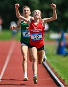 21 June 2025; Freya Renton of SH Westport, representing Connacht, celebrates winning the girls 3000m, ahead of Emma Hickey of St Mary's New Ross, representing Leinster, who finished second, during the 123.ie Irish Schools Athletics Association Tailteann Games at SETU Campus in Carlow. Photo by Sam Barnes/Sportsfile