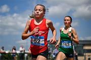 21 June 2025; Freya Renton of SH Westport, representing Connacht, left, on her way to winning the girls 3000m, ahead of Emma Hickey of St Mary's New Ross, representing Leinster, right, who finished second, during the 123.ie Irish Schools Athletics Association Tailteann Games at SETU Campus in Carlow. Photo by Sam Barnes/Sportsfile