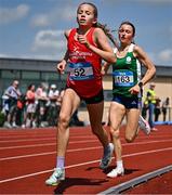 21 June 2025; Freya Renton of SH Westport, representing Connacht, left, on her way to winning the girls 3000m, ahead of Emma Hickey of St Mary's New Ross, representing Leinster, right, who finished second, during the 123.ie Irish Schools Athletics Association Tailteann Games at SETU Campus in Carlow. Photo by Sam Barnes/Sportsfile