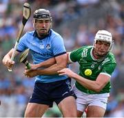 21 June 2025; Ronan Hayes of Dublin in action against Kyle Hayes of Limerick during the GAA Hurling All-Ireland Senior Championship quarter-final match between Dublin and Limerick at Croke Park in Dublin. Photo by Ramsey Cardy/Sportsfile