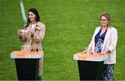 21 June 2025; Emer Gallagher of TG4, left, displays the name of Tipperary, alongside LGFA President Trina Murray, during the draw for the TG4 All-Ireland Ladies Football Senior Championship Quarter-Finals after the TG4 All-Ireland Ladies Football Senior Championship Group 2 match between Mayo and Cork at Hastings Insurance MacHale Park in Castlebar, Mayo. Photo by Piaras Ó Mídheach/Sportsfile