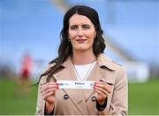 21 June 2025; Emer Gallagher of TG4 displays the name of Kildare during the draw for the TG4 All-Ireland Ladies Football Senior Championship Quarter-Finals after the TG4 All-Ireland Ladies Football Senior Championship Group 2 match between Mayo and Cork at Hastings Insurance MacHale Park in Castlebar, Mayo. Photo by Piaras Ó Mídheach/Sportsfile
