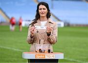 21 June 2025; Emer Gallagher of TG4 displays the name of Kildare during the draw for the TG4 All-Ireland Ladies Football Senior Championship Quarter-Finals after the TG4 All-Ireland Ladies Football Senior Championship Group 2 match between Mayo and Cork at Hastings Insurance MacHale Park in Castlebar, Mayo. Photo by Piaras Ó Mídheach/Sportsfile