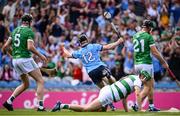 21 June 2025; Cian O'Sullivan of Dublin celebrates after scoring his side's second goal during the GAA Hurling All-Ireland Senior Championship quarter-final match between Dublin and Limerick at Croke Park in Dublin. Photo by Ramsey Cardy/Sportsfile