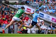 21 June 2025; Conor Burke of Dublin in action against Gearoid Hegarty of Limerick during the GAA Hurling All-Ireland Senior Championship quarter-final match between Dublin and Limerick at Croke Park in Dublin. Photo by Daire Brennan/Sportsfile