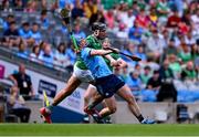 21 June 2025; Conor Burke of Dublin in action against Gearoid Hegarty of Limerick during the GAA Hurling All-Ireland Senior Championship quarter-final match between Dublin and Limerick at Croke Park in Dublin. Photo by Daire Brennan/Sportsfile