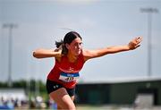 21 June 2025; Tara Nolan of Scoil Muire Agus Padraig Swinford, representing Connacht, competes in the girls shot put during the 123.ie Irish Schools Athletics Association Tailteann Games at SETU Campus in Carlow. Photo by Sam Barnes/Sportsfile