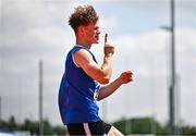 21 June 2025; Josh Devlin of St Mary's Newport, representing Munster, celebrates a clearance in the boys pole vault during the 123.ie Irish Schools Athletics Association Tailteann Games at SETU Campus in Carlow. Photo by Sam Barnes/Sportsfile
