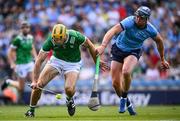 21 June 2025; Dan Morrissey of Limerick in action against John Hetherton of Dublin during the GAA Hurling All-Ireland Senior Championship quarter-final match between Dublin and Limerick at Croke Park in Dublin. Photo by Ramsey Cardy/Sportsfile