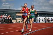 21 June 2025; Freya Renton of SH Westport, representing Connacht, left, on her way to winning the girls 3000m, ahead of Emma Hickey of St Mary's New Ross, representing Leinster, right, who finished second, during the 123.ie Irish Schools Athletics Association Tailteann Games at SETU Campus in Carlow. Photo by Sam Barnes/Sportsfile