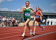 21 June 2025; Emma Hickey of St Mary's New Ross, representing Leinster, left, leads the field in the girls 3000m, ahead of Freya Renton of SH Westport, representing Connacht, during the 123.ie Irish Schools Athletics Association Tailteann Games at SETU Campus in Carlow. Photo by Sam Barnes/Sportsfile