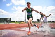 21 June 2025; Patrick Duffy of Colaiste Cholm Tullamore, representing Leinster, on his way to winning the boys 1500m steeplechase  during the 123.ie Irish Schools Athletics Association Tailteann Games at SETU Campus in Carlow. Photo by Sam Barnes/Sportsfile