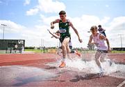 21 June 2025; Patrick Duffy of Colaiste Cholm Tullamore, representing Leinster, centre, on his way to winning the boys 1500m steeplechase  during the 123.ie Irish Schools Athletics Association Tailteann Games at SETU Campus in Carlow. Photo by Sam Barnes/Sportsfile