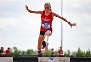 21 June 2025; Lucie Cawley of Mercy College Sligo, representing Connacht, on her way to winning the girls 1500m steeplechase during the 123.ie Irish Schools Athletics Association Tailteann Games at SETU Campus in Carlow. Photo by Sam Barnes/Sportsfile