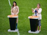 21 June 2025; LGFA President Trina Murray, right, displays the name of Galway, alongside Emer Gallagher of TG4, during the draw for the TG4 All-Ireland Ladies Football Senior Championship Quarter-Finals after the TG4 All-Ireland Ladies Football Senior Championship Group 2 match between Mayo and Cork at Hastings Insurance MacHale Park in Castlebar, Mayo. Photo by Piaras Ó Mídheach/Sportsfile