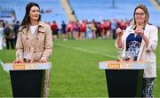 21 June 2025; LGFA President Trina Murray, right, displays the name of Dublin, alongside Emer Gallagher of TG4, during the draw for the TG4 All-Ireland Ladies Football Senior Championship Quarter-Finals after the TG4 All-Ireland Ladies Football Senior Championship Group 2 match between Mayo and Cork at Hastings Insurance MacHale Park in Castlebar, Mayo. Photo by Piaras Ó Mídheach/Sportsfile