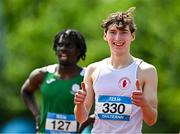 21 June 2025; Harry Mcllwaine of Royal and Prior Raphoe, representing Ulster, celebrates after winning the boys 100m during the 123.ie Irish Schools Athletics Association Tailteann Games at SETU Campus in Carlow. Photo by Sam Barnes/Sportsfile