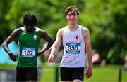 21 June 2025; Harry Mcllwaine of Royal and Prior Raphoe, representing Ulster, celebrates after winning the boys 100m during the 123.ie Irish Schools Athletics Association Tailteann Games at SETU Campus in Carlow. Photo by Sam Barnes/Sportsfile