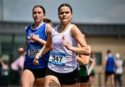 21 June 2025; Clara Casey of Lumen Christi College, representing Ulster, right, on her way to winning the girls 800m during the 123.ie Irish Schools Athletics Association Tailteann Games at SETU Campus in Carlow. Photo by Sam Barnes/Sportsfile