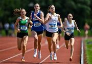 21 June 2025; Clara Casey of Lumen Christi College, representing Ulster, centre right, on her way to winning the girls 800m ahead of Faye Mannion of Colaiste Muire Ennis, representing Munster, centre left, who finished second, during the 123.ie Irish Schools Athletics Association Tailteann Games at SETU Campus in Carlow. Photo by Sam Barnes/Sportsfile