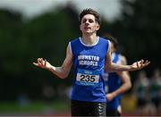 21 June 2025; Isaac Vickers of St Brendan's Killarney, representing Munster, celebrates winning the boys 800m during the 123.ie Irish Schools Athletics Association Tailteann Games at SETU Campus in Carlow. Photo by Sam Barnes/Sportsfile