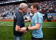 21 June 2025; Dublin manager Niall Ó Ceallacháin, right, shakes hands with Limerick manager John Kiely after the GAA Hurling All-Ireland Senior Championship quarter-final match between Dublin and Limerick at Croke Park in Dublin. Photo by Ramsey Cardy/Sportsfile